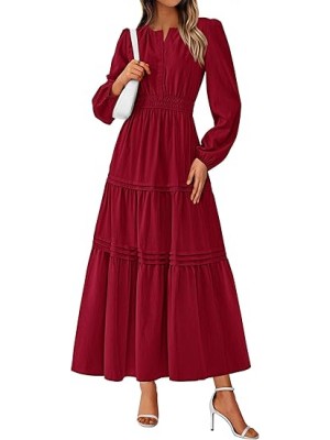 Women's 2025 Elegant Maxi Dresses Long Sleeve V Neck Flowy Pockets Casual Modest Dress Fall Fashion Clothes