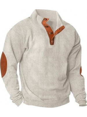 Men's Casual Corduroy Sweatshirt Long Sleeve Thermal Stand Collar Button Pullover Sweatshirts