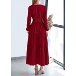 Women's 2025 Elegant Maxi Dresses Long Sleeve V Neck Flowy Pockets Casual Modest Dress Fall Fashion Clothes
