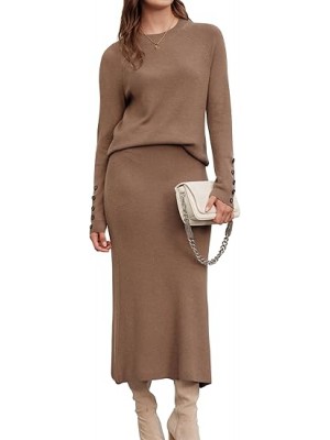 Women's Wool Blend Sweater 2 Piece Sets Fall Business Long Sleeve Top Midi Skirts Outfits 2025