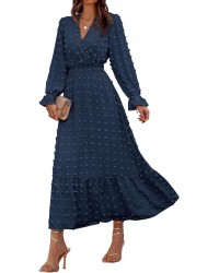 Women Fall Maxi Dresses 2025 Long Sleeve V Neck Swiss Dots High Waisted A-Line Ruffle Boho Long Dress Vacation