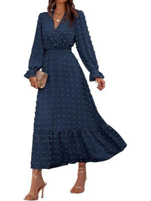 Women Fall Maxi Dresses 2025 Long Sleeve V Neck Swiss Dots High Waisted A-Line Ruffle Boho Long Dress Vacation