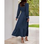Women Fall Maxi Dresses 2025 Long Sleeve V Neck Swiss Dots High Waisted A-Line Ruffle Boho Long Dress Vacation