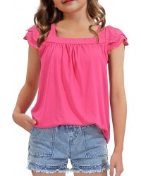 Girls Short Sleeve Shirts Summer Tunic Tops Lace Openwork Ruffled Girls Cute Square Neck Clothes Blouse 