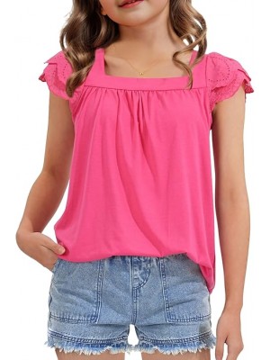 Girls Short Sleeve Shirts Summer Tunic Tops Lace Openwork Ruffled Girls Cute Square Neck Clothes Blouse 