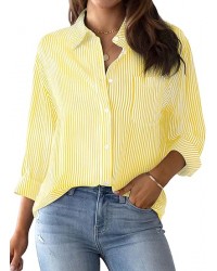 Womens Button Down Shirts Striped Classic Long Sleeve Collared Office Work Blouses Tops with Pocket