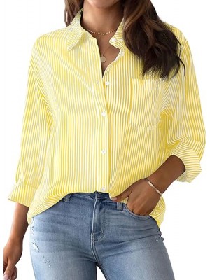 Womens Button Down Shirts Striped Classic Long Sleeve Collared Office Work Blouses Tops with Pocket